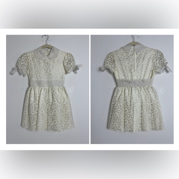 Vintage Girl's First Communion Cream Lace Short Sleeve Attached Necklace Dress 7 - Picture 1 of 13